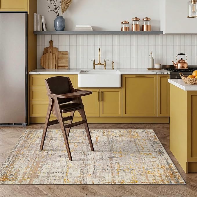 3x5 Washable Entryway Rug, Non Slip Boho Runner Rugs for Hallway, Entrance, Kitchen, Bathroom, Laundry Room, Soft Entryway Carpet, Throw Low Pile Retro Imitation Wool Carpet, Gold Beige