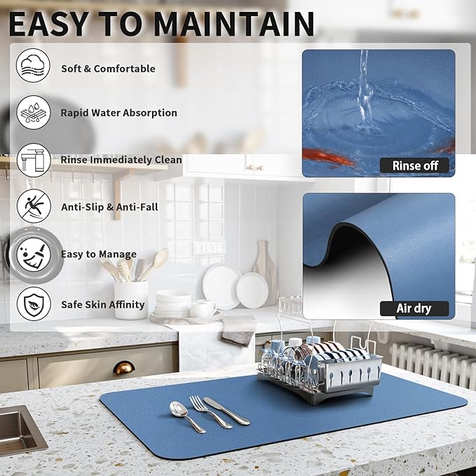 Dish Drying Mat for Kitchen Counter, Heat Resistant Drainer Mats with Non-slip Rubber Backed, Hide Stain Kitchen Super Absorbent Draining Mat, Easy to Clean Dish Rack Pad, Blue 16"x18"