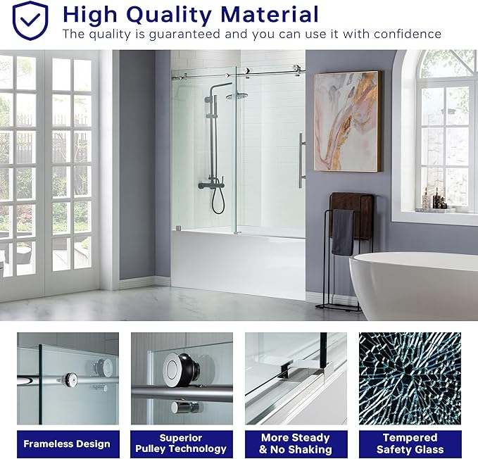 WOODBRIDGE MBSDC6062-C Frameless Sliding Glass Tub Door | 56"-60"W x 62"H | Chrome Finish