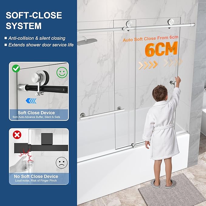 Frameless Tub Sliding Door,5/16" (8mm) Bathtub Shower Door with Soft-Close & Anti-Leak,Nano Coating Anti-Explosion Film SGCC Tempered Glass 55"-60" W x 60" H,Brushed Nickel