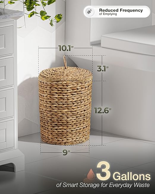 BLUEWEST 3 Gallons Wicker Trash Can with Lid,Handwoven Rattan Trash Can, Woven Decorative Wastebasket, Wicker Waste Basket with Removable Plastic Inner Bin for Bathroom, Bedroom, Office, or Kitchen