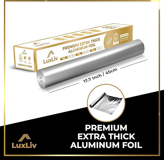 Extra Wide Aluminum Foil Roll Heavy Duty – 18in x 131ft Length 20 Micron thick,193 sq ft – Commercial Grade & Extra Thick, for grilling home cooking Food Service Industry LuxLiv®