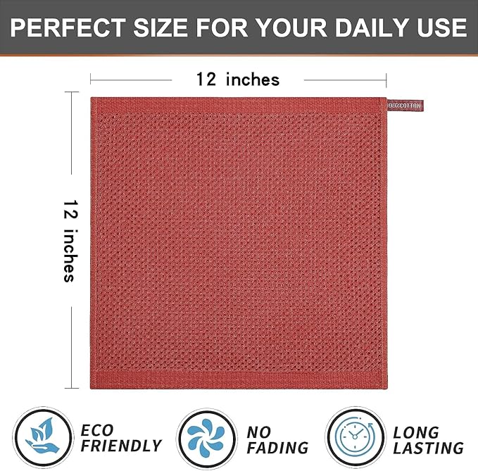 Kitinjoy 100% Cotton Kitchen Dish Cloths (12 X 12 Inches, Brick Red), 8 Pack Waffle Weave Ultra Soft Absorbent Dish Towels for Drying Dishes Quick Drying Kitchen Towels Dish Rags