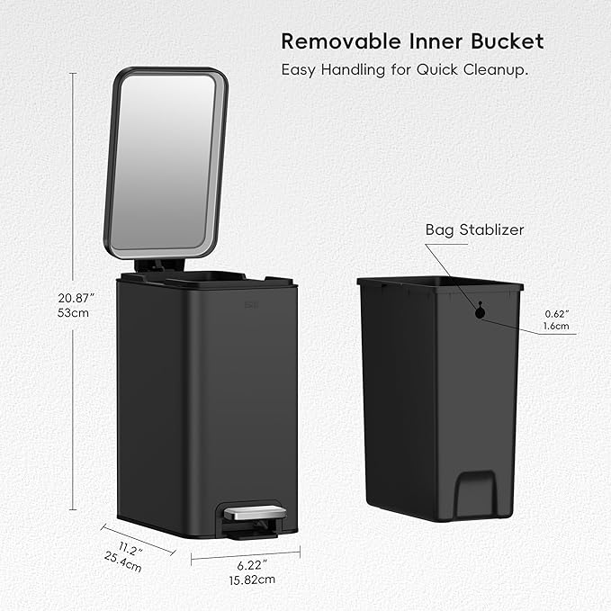 EKO Small Bathroom Trash Can with Lid Soft Close, Step Pedal, 6 Liter / 1.6 Gallon Stainless Steel Garbage Can with Removable Inner Bucket, Anti-Fingerprint Finish (Matte Black)