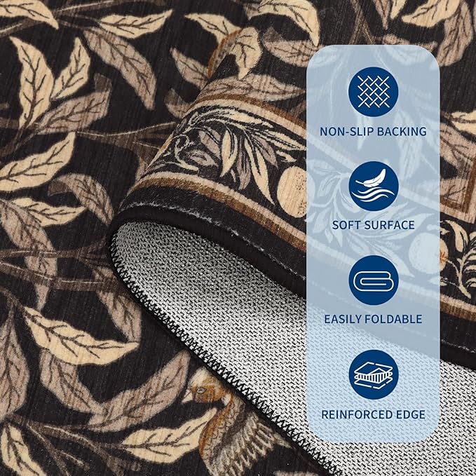 GarveeHome Boho Leaf Area Rugs 9x12 Living Room, Large Rugs for Living Room with Soft Low Pile, 9x12 Botanical Bird Washable Rug with Non-Slip Backing for Bedroom Dining Room Brown Carpet