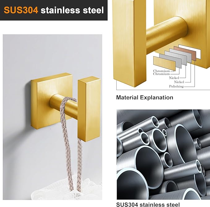 Towel Hooks for Bathrooms, Brushed Gold Towel Hook for Kitchen Bathroom, SUS304 Stainless Steel Coat Hook, Square Heavy Heavy Duty Robe Hooks for Hanging Towels, Coats, sponges, Wall Mount, 4 Pack