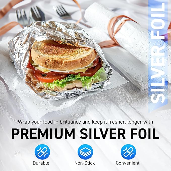 500 Count Pre-Cut Aluminum Foil Sheets, 12” Heavy Duty Pop Up Foil Sheets for Home Restaurants, Disposable Food, Temperature Resistant Non-Stick, Tin Foil Sheets for Burrito, Hot Dog or Sandwich Wrap