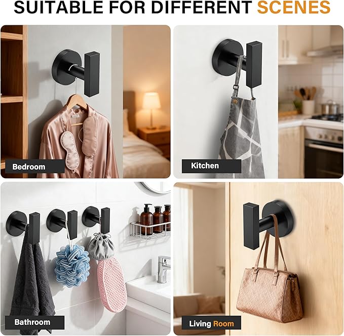 Nolimas Towel Hooks for Bathrooms, Matte Black Towel Hook for Kitchen Bathroom, SUS304 Stainless Steel Coat Hook, Heavy Duty Holder Robe Hooks for Hanging Towels, Coats, sponges, Wall Mount, 4 Pack