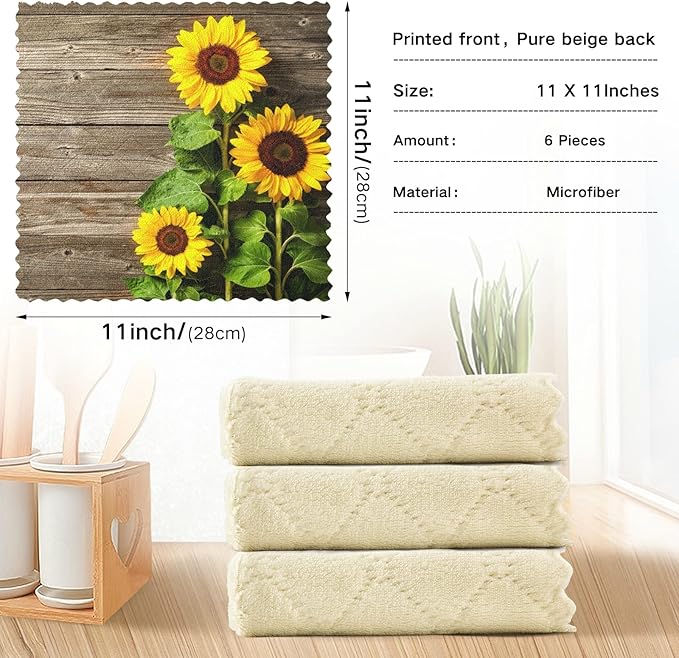 ALAZA Dish Towels Kitchen Cleaning Cloths Autumn Sunflowers On Wooden Board Dish Cloths Super Absorbent Kitchen Towels Lint Free Bar Tea Soft Towel Kitchen Accessories Set of 6,11"x11"