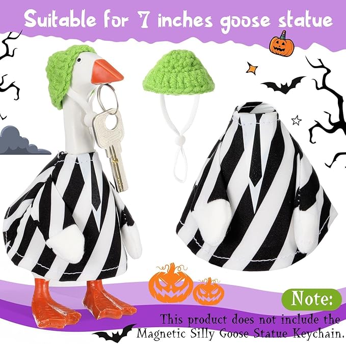 Abbylike Thanksgiving Mini Desk Goose Outfits 7 Inch Magnetic Silly Goose Statue Candy Corn Costume with Witch Hat and Broom for Halloween Magnetic Duck Statue Desk Key Holder Decor(Black Suit)