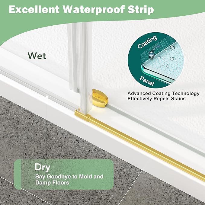 KPUY Frameless Shower Door, 49-54" W x 76" H Sliding Glass Shower Door, 1/4" (6mm) Thick Tempered Clear Glass with Explosion-Proof Film Nano Coating in Brushed Gold Finish