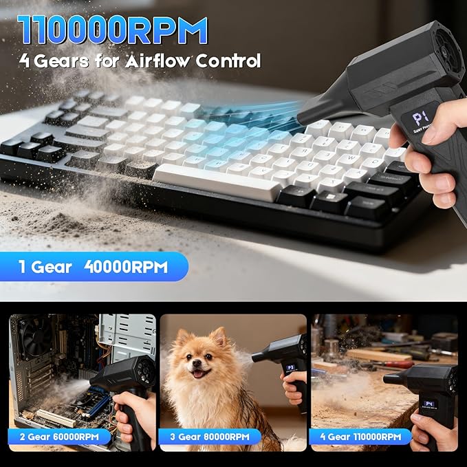 Compressed Air Duster, 110000RPM Electric Air Blower with 4-Speed Adjustable & LED Light, Rechargeable, Fast-Charging for Computer, Keyboard, Electronics, Car, Home & Outdoor Cleaning