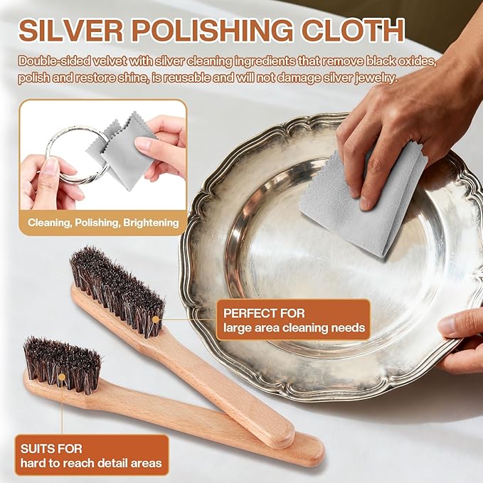 4 Pcs Horsehair Silver Cleaning Dauber Brushes Sterling Detail Polish Applicator Set with Polishing Cloth for Silverware Plateware Jewelry Cleaner(Style C)