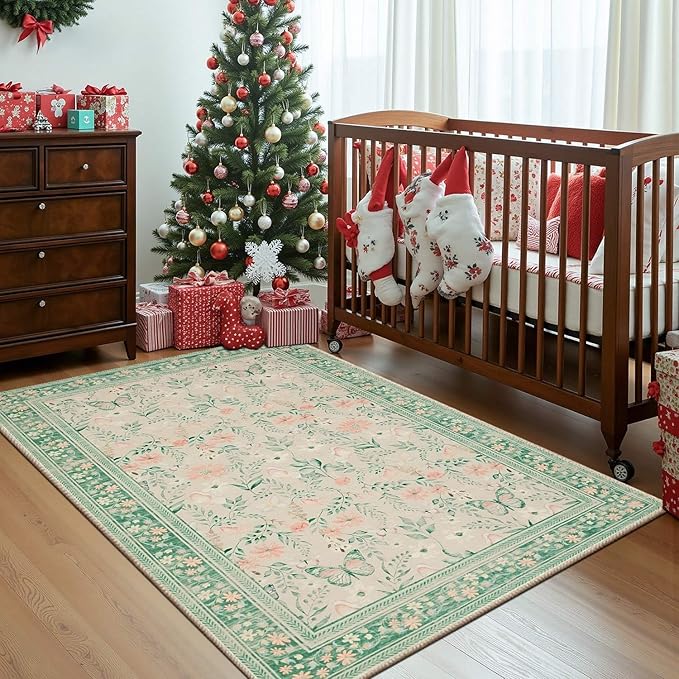 Entryway Rug, 3x5 Washable Area Rug, Green Vintage Boho Throw Rugs, Non Slip Low Pile Small Carpet for Bedroom, Girls Kids Room and Nursery Room(Sage Green 3x5ft)