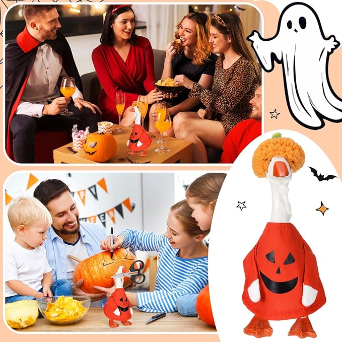 Abbylike Thanksgiving Mini Desk Goose Outfits 7 Inch Magnetic Silly Goose Statue Candy Corn Costume with Witch Hat and Broom for Halloween Magnetic Duck Statue Desk Key Holder Decor(Pumpkin)