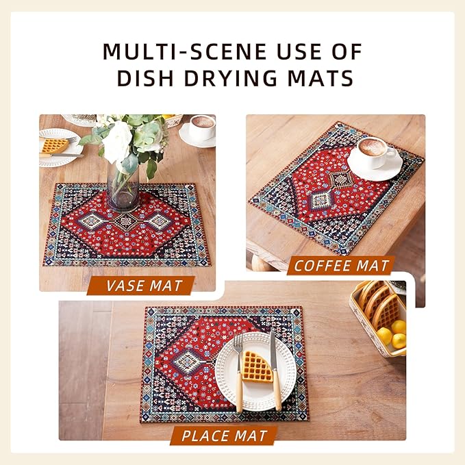Dish Drying Mat Absorbent American Coffee Mat Rubber Backed Soft Silicone Kitchen Dish Draining Mat for Kitchen Bathroom Coffee Bar (Boho, 16 x 24 Inches)
