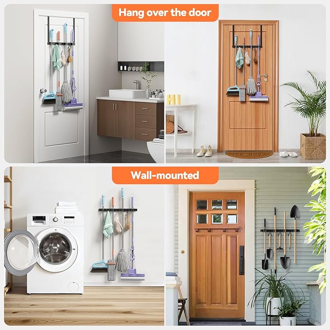 Broom and Mop Holder Over the Door, Broom Holder with 4 Racks and 3 Hooks Metal Broom Organizer Wall Hanging Broom Storage Behind the Door for Closet Kitchen Cabinet Garden
