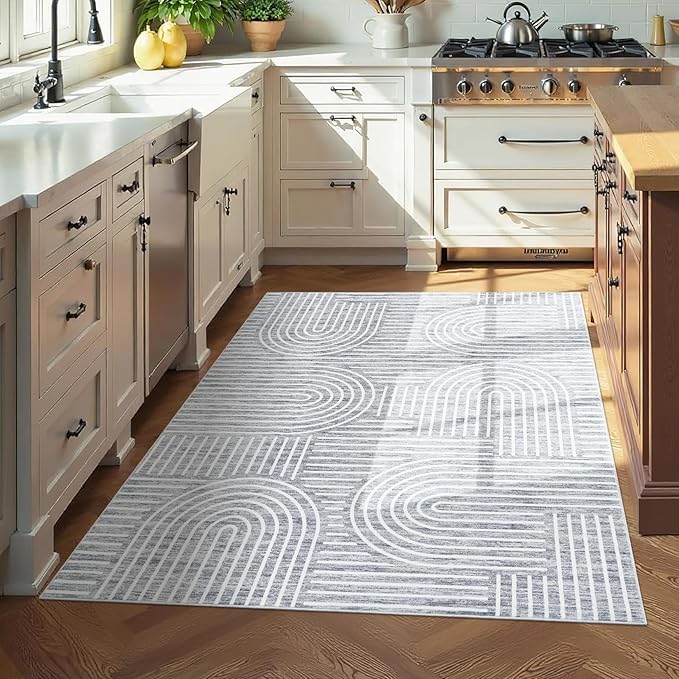 Washable Rug 4x6 Area Rugs for Living Room, Abstract Rug for Bedroom, Soft Rainbow Non Slip Throw Rugs with Rubber Back, Low Pile Stain Resistant Boho Geometric Carpet for Dining Room, Ash