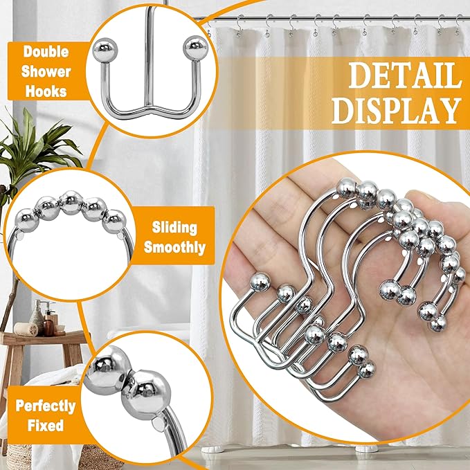 Shower Curtain Hooks,12 Pcs Rustproof Metal Shower Curtain Rings,Free Sliding Double Shower Hooks for Shower Curtain & Liners,Shower Curtain Hangers for Bathroom Shower Curtain Rods Curtains (Silver)