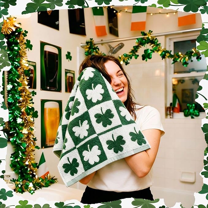 Frienda 4 Pcs St Patrick's Day Hand Towels for Bathroom 13 x 29'' Soft 100% Cotton Green Shamrocks Decorative Towel Absorbent St. Patrick's Day Bathroom Decor for Drying Cleaning Cooking Gift