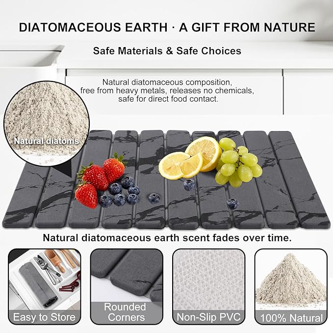 3 PCS Large Stone Dish Drying Mat for Kitchen Counter, Quick Dry Stone Dishes Mats, Sink Faucet Mat, Marble Water Absorbing Diatomaceous Earth Drying Pad for Countertop Tableware, Bottles, Cups