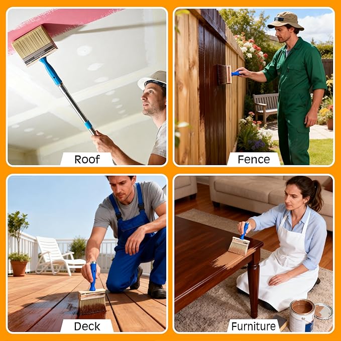 Deck Stain Brush, 3 PCS Wide Paint Brushes (4", 5", 6") for Faster Coverage with 1 Piece Extension Pole (33.5"), Stain Brushes for Wood, Deck, Walls, Fence and House