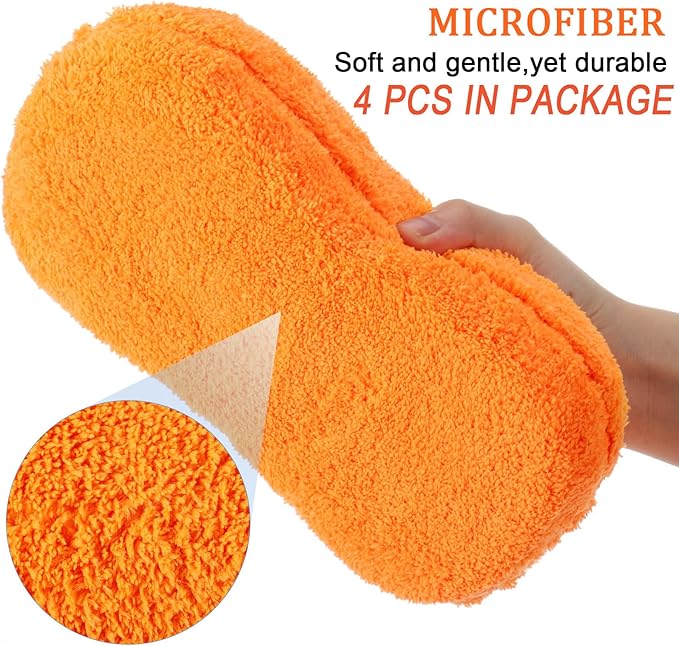 Tanlade 4 Pcs 2 Pack Large Microfiber Car Wash Sponge for Cleaning, Non Scratch Microfiber Sponges for Car Washing Supplies, Trucks and Motorcycles (Orange)
