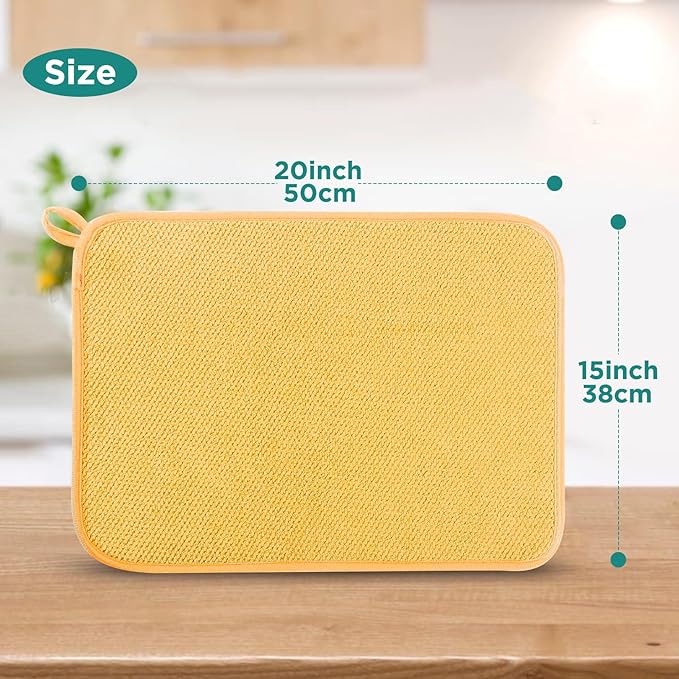 Microfiber Dish Drying Mat, Super Absorbent Kitchen Dish Drying Pad, Reversible for Countertop, 15*20 inch Yellow