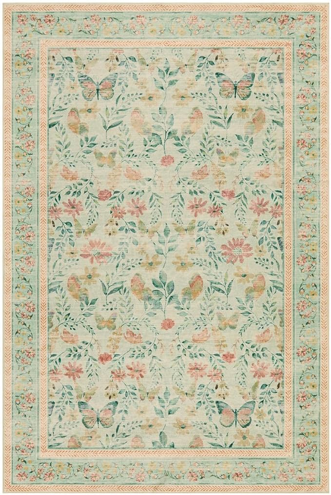 Floral 5x7 Washable Area Rug, Vintage Boho, Non Slip Low Pile Wool Carpet for Living Room,Bedroom,Indoor Dining Room,Girls Room,Nursery(Green 5x7ft)