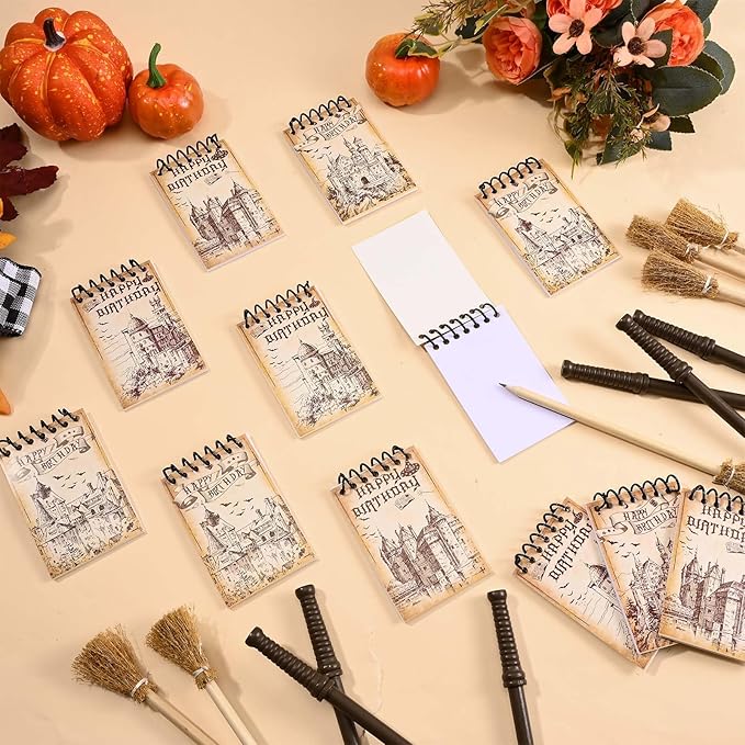 24 Pcs Magical Wizard Notepads Set Spiral Notebooks and Magic Wand Pencils Witch Broom Pencils Castle Magical Wizard School Mini Notepads Small Pocket Journal Goodie Bag Stuffers for Wizard School Classroom Favors Supplies