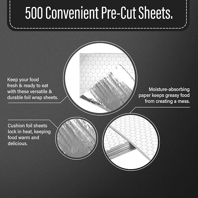 Insulation Sandwich Wrapping Paper Aluminum Foil Sheets - [500 Pack] - (14" x 16") - Aluminum Foil Sandwich Wrap Sheets For Sandwiche Wraps, Burritos and BBQ