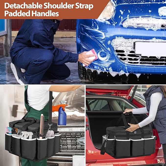 Extra-Large Detailing Bag with Waterproof EVA Hard Bottom, Auto Detail Supplies Organizer for Polisher, Bottles & Detailing Kit, Car Care Tools Tote with Lid & Shoulder Strap, Patent Design