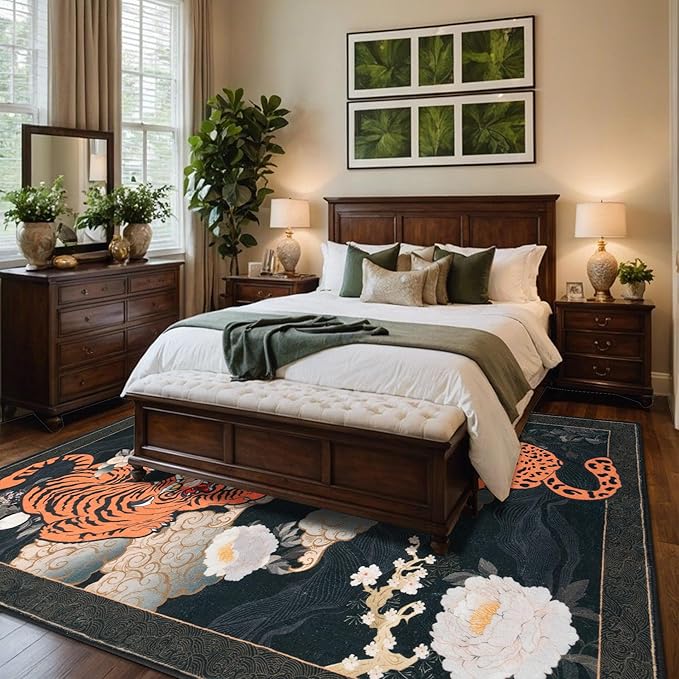 Japanese Tiger 5X7 Area Rug, Washable Black Leopard Tiger Rugs for Living Room, Vintage Large Soft Dining Room Rug, Non Slip Ultra Thin Stain Resistant Floor Carpet for Home Office Bedroom