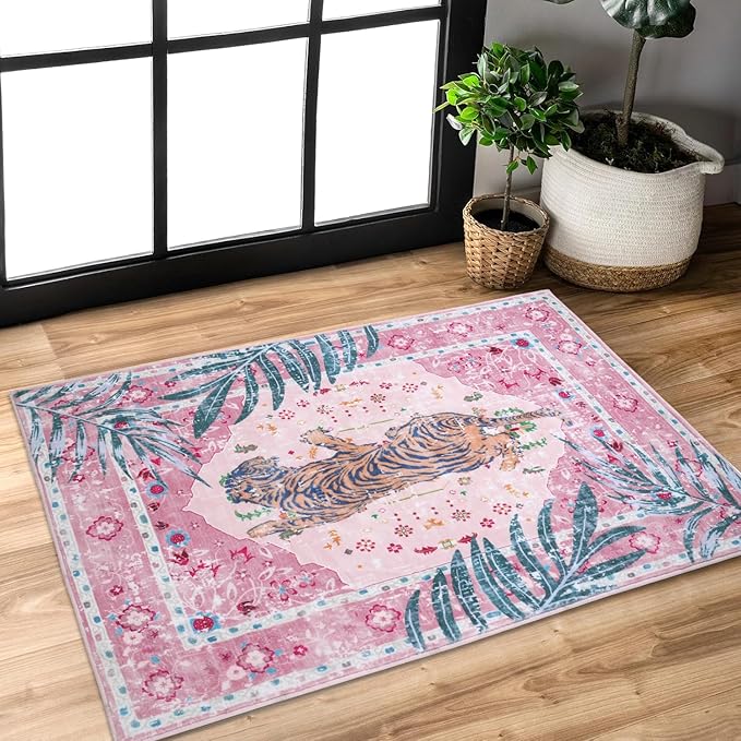 2x3 FT Leopard Rug for Living Room Pink Leopard Vintage Animal Rug Aesthetic Pink Rugs for Girls Room Nursery Bedroom Home Office Dorm Thin Bright Magenta Carpet (Light Pink, 2X3 FT)