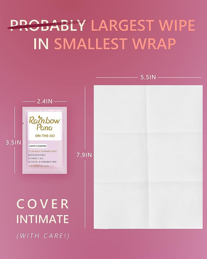 RainbowPana Feminine Wipes, 120 Count ON-THE-GO Individually Wrapped | Flushable Wipes, Travel Wipes for Women, Pre/Post-Intimacy Cleansing | Aloe, Portulaca, Vitamin E | pH Balanced, Biodegradable