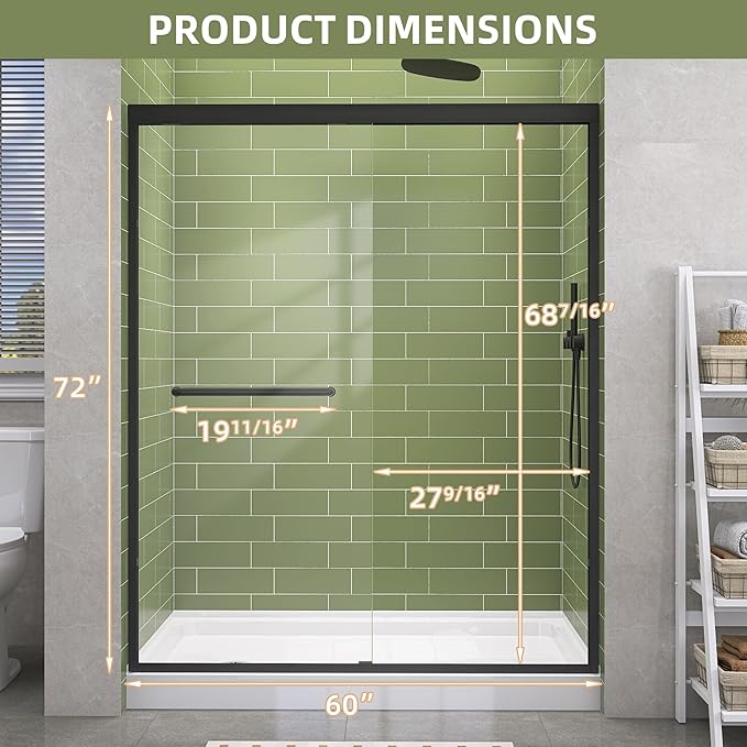 GETPRO Shower Door Double Sliding 57-60 in. W x 72 in. H Semi-Frameless Bypasss Bathroom Glass Shower Sliding Doors,1/4 inch Clear Tempered Glass Door for Walk-in Shower Matte Black