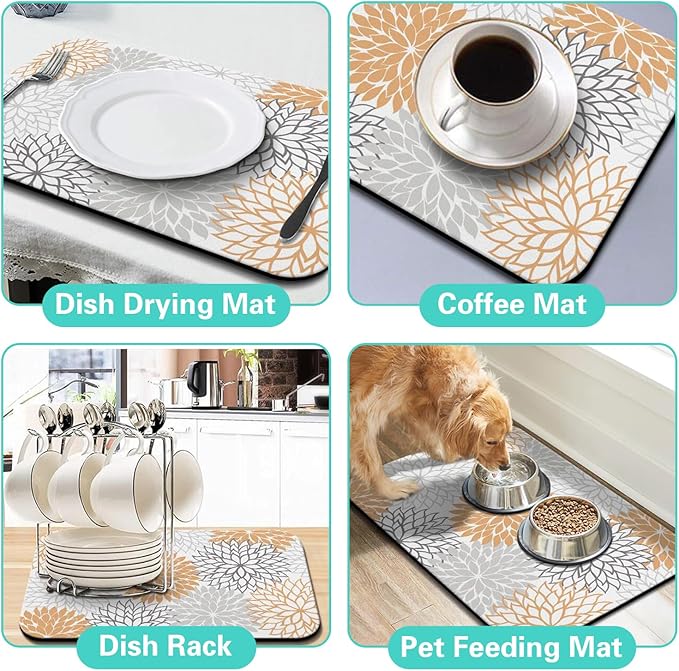 Dish Drying Mat for Kitchen Counter Matt, 2PCS 19"x12" Dish Drainer Mat & 24"x5.5" Sink Splash Guard, Super Absorbent Non-slip Rubber Backed