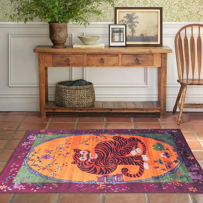 Tiger Rug Washable 4x6 ft Oriental Traditional Animal Print Vintage Fuchsia Floral Tibetan Rugs for Bedroom Kitchen Living Room Indoor Entryway