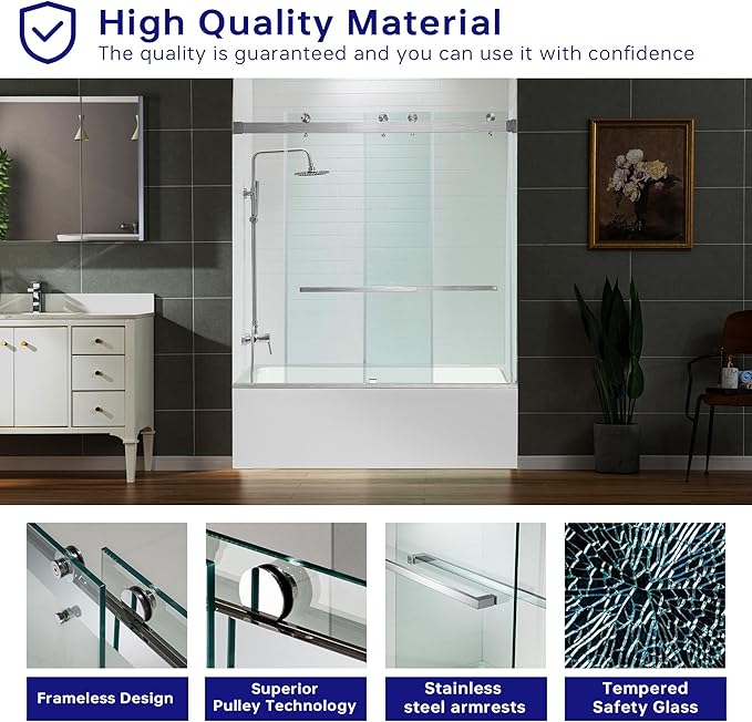 Woodbridge Frameless Bathtub Shower Doors 56-60" Width x 66" Height with 5/16"(8mm) Clear Tempered Glass, 2 Ways Opening & Double Sliding in Polished Chrome Finish