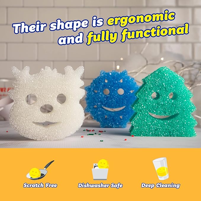 Scrub Daddy Sponge Set - Holiday Shapes - Non Scratch Scrubbers for Dishes and Home, Odor Resistant, Temperature Controlled, Soft in Warm Water, Firm in Cold, Deep Cleaning, (3 Count (Pack of 1))