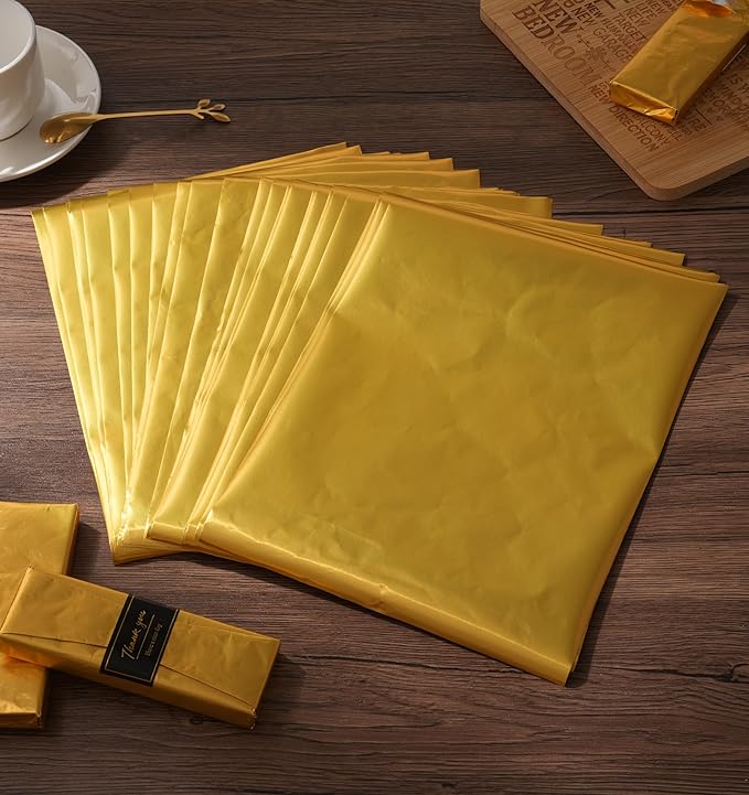 100 PCS Chocolate Bar Foil Wrappers, 11 x 7.9 Inch Aluminum Foil Candy Wrappers with 120PCS Thank You Stickers, Chocolate Bar Packaging Papers for Gift Wrapping, Gold