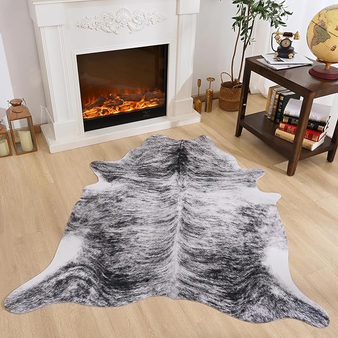Amearea Premium Faux Cow Hide Rug, Large, Grey, 5.2x4.6 Feet, Animal Print, Rustic, Suede Backing, Non-Slip, Machine Made, Indoor, Adult, Unisex, Stain Resistant, Hand Wash Only, Bedroom, Area Rug