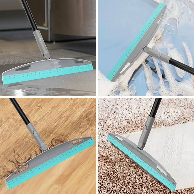Multifunction Magic Broom, Silicone Floor Squeegee Broom with 59" Long Handle, Scraping Broom for Floor Bathroom Kitchen Shower Tile Pet Hair Fur Marble Glass Water Window Foam Cleaning, Blue