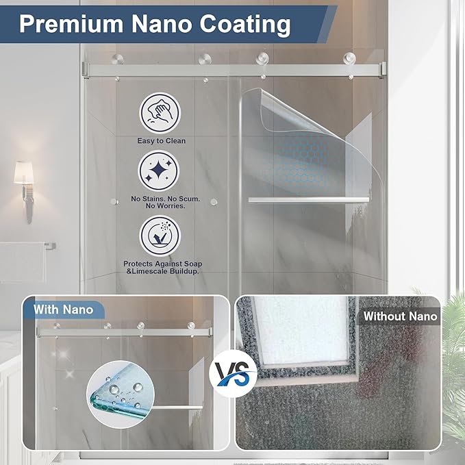 Frameless Bathtub Shower Door, 55-60" W x 60" H Double Sliding Tub Shower Door, 1/4''(6mm) SGCC Tempered Glass with Explosion-Proof Film Nano Coating, Brushed Nickle
