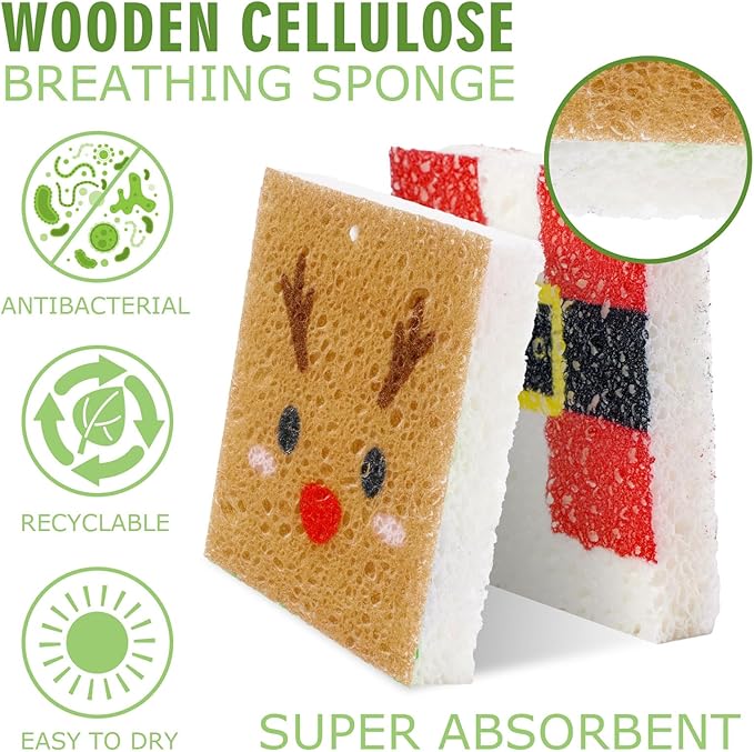 Whaline 8Pcs Christmas Character Kitchen Sponges Santa Reindeer Snowman Elf Water Absorbing Dish Washing Sponge Non Scratch Cleaning Scrub Sponges for Holiday Home Kitchen Bathroom