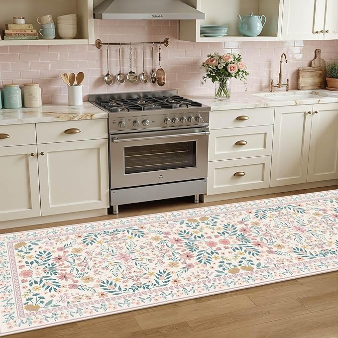 2'6" x 8' Floral Runner Rug, Washable Runners for Hallways, Pink Vintage Boho Kitchen Rugs, Non Slip Hallway Runner Carpet for Indoor Hallway, Kitchen, Laundry Room and Bathroom