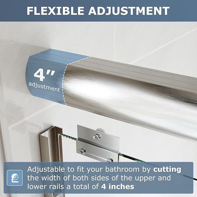 SUNNY SHOWER Double Sliding Glass Door 48" W x 72" H Shower Door 1/4" Tempered Glass Sliding Door Semi-Frameless Shower Glass Enclosure Bypass Walk in Shower Cabin, Brushed Nickel