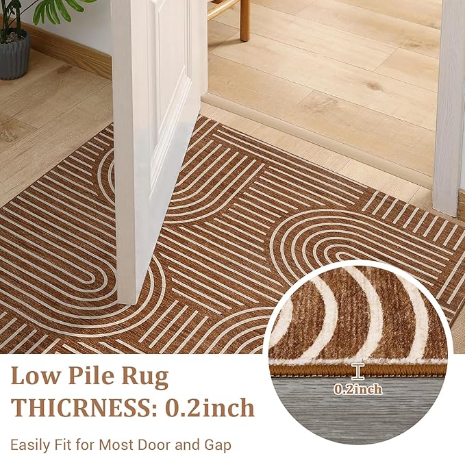 Washable Rug 3x5 Area Rugs for Living Room, Abstract Rug for Bedroom, Soft Rainbow Non Slip Throw Rugs with Rubber Back, Low Pile Stain Resistant Boho Geometric Carpet for Dining Room, Copper