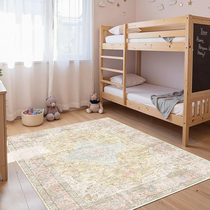 4x6 Area Rugs for Living Room, Bedroom, Small Washable Orange Rugs, Entryway Non Slip Rug, Neutral Floral Vintage Boho Soft Indoor Carpet for Nursery, Bathroom, Office