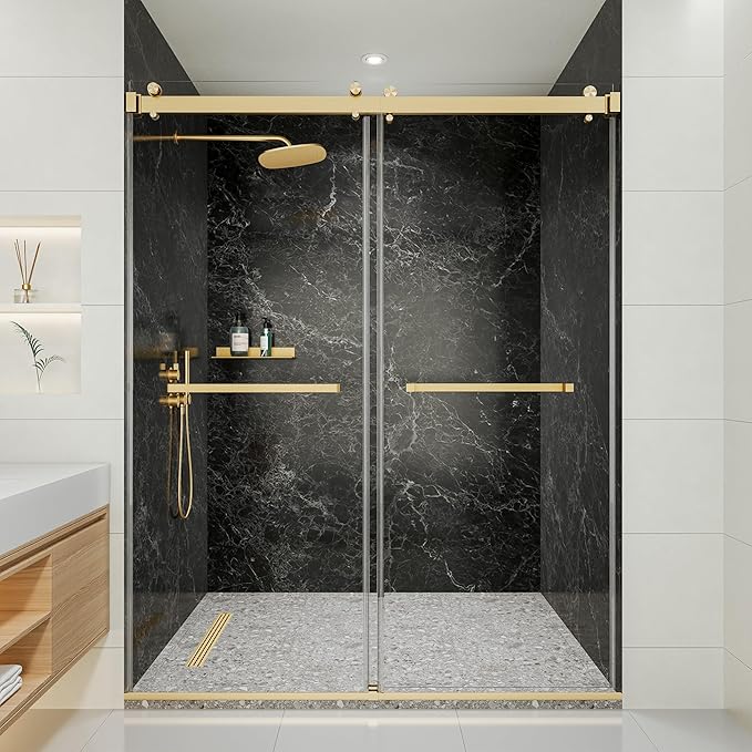 44-48" W x 76" H Frameless Shower Door, Double Sliding Glass Shower Door with 5/16" (8mm) Clear SGCC Tempered, Roller Disc System, 304 Stainless Steel (Brushed Gold, 44-48" W*76" H)